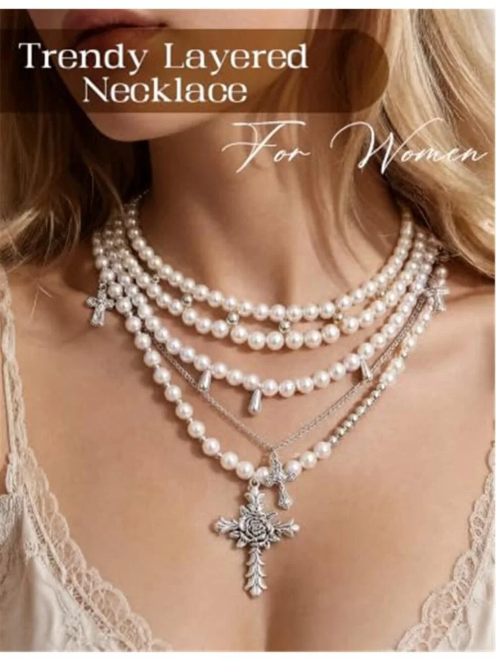 Layered Necklaces for Women Cross Pearl Chunky Stacked Necklace